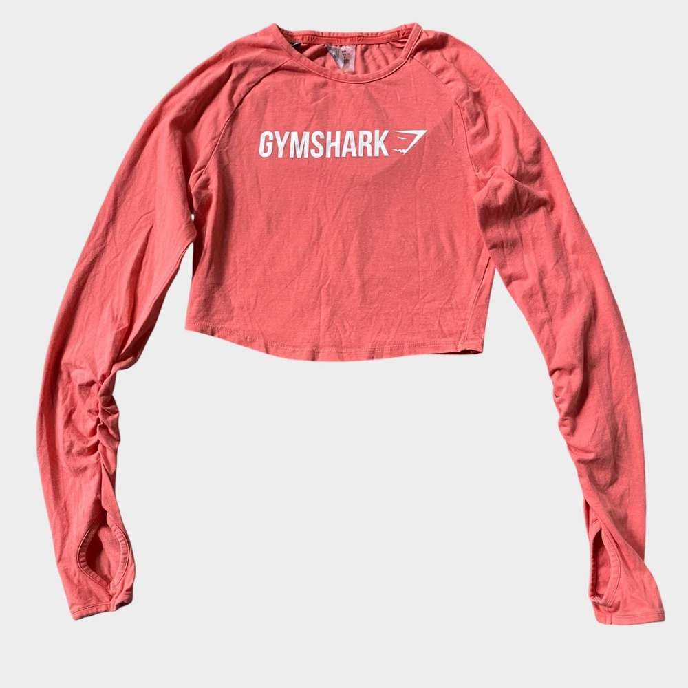 Gymshark Cropped Top Size S Long Sleeve Coral Pink Logo Thumbhole Running Yoga